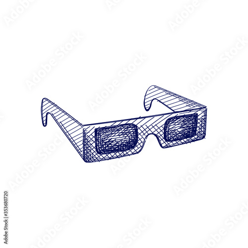 Hand-drawn sketch of 3d glasses on a white background. Going to the cinema. Watching a movie.	
