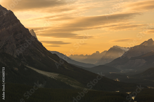 Beautiful sunset in dramatic landscape over the Icefields Parkway in Banff National Park, Canada