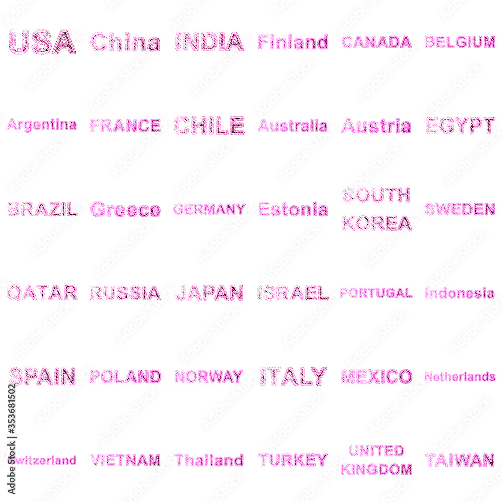 Collection of names of the countries. Illustration.