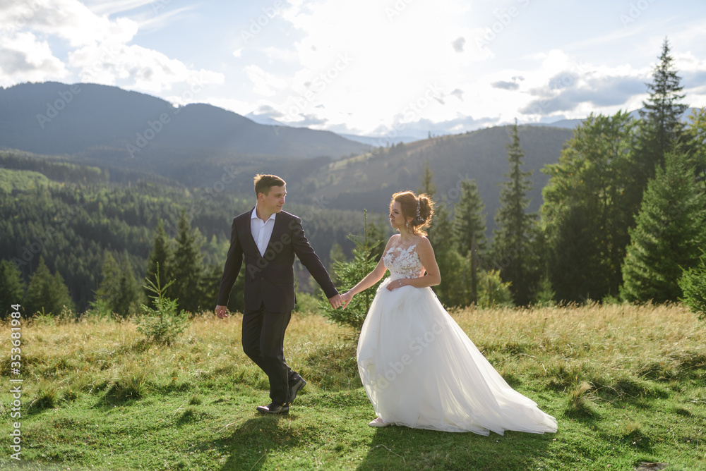 Wedding photography in the mountains. The bride and groom hold hand. A man leads a woman.