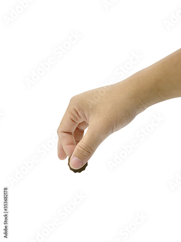 hand of a person holding a money coin with copy space. Isolated on white background with clipping path.