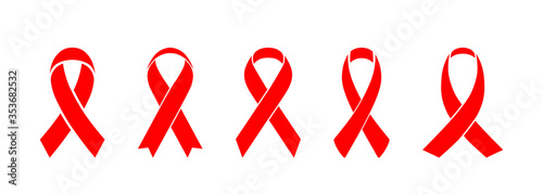 Set of five red AIDS awareness ribbon icon.