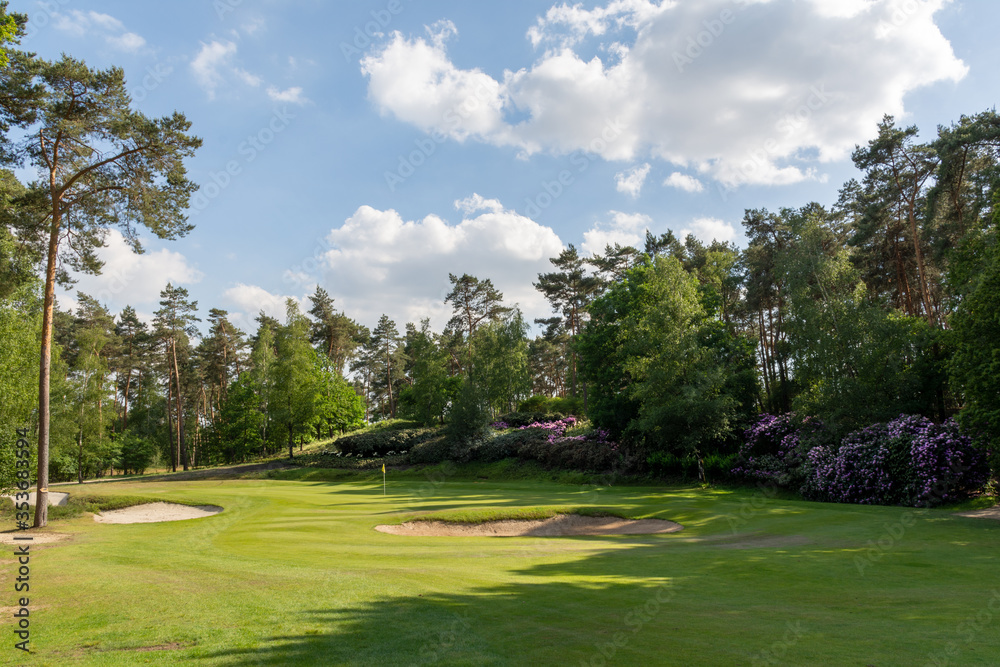 Herkenbosch, The Netherlands - May 27, 2020: The Green of Hole 6 of Golf & Country Club De Herkenbosche
