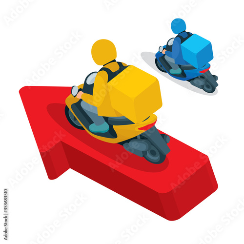 Delivery service courier. Takeaway delivery boy on scooter with isothermal food case. Isometric vector illustration. Back top and side view. Part of set.