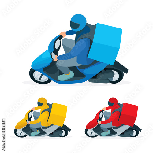 Delivery service courier. Takeaway delivery boy on scooter with thermal food case. Isometric vector illustration. Top and side view. Part of set.