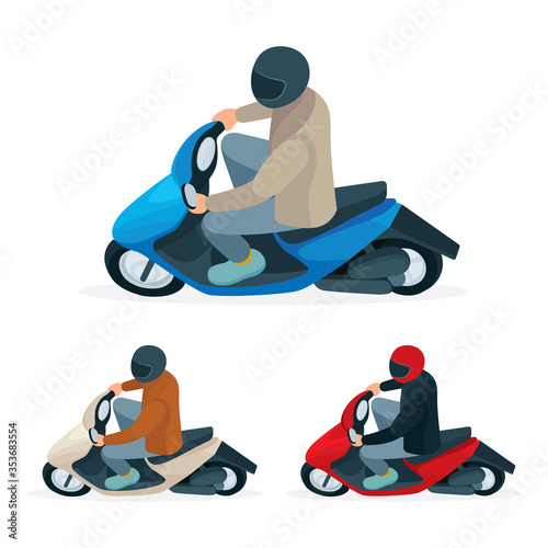 Male character on scooter. Scooter driver isometric vector illustration. Top and side view. Part of set.