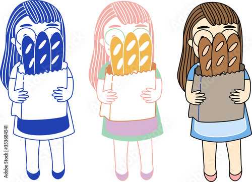Vector of flat doodle character design illustration of set of cute girl who is the baker hold her Baguette bread in her hand