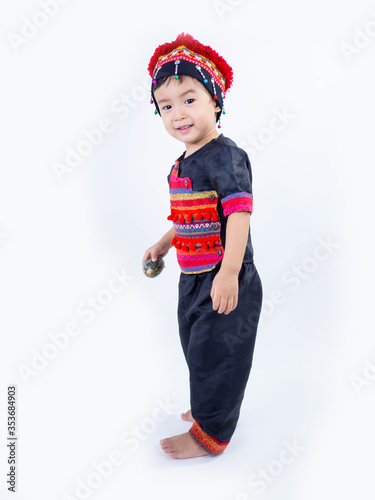 Hmong children little boy wearing traditional dress on white background