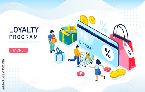 Discount and loyalty program isometric concept. Vector illustration with customers, bonus card and gifts boxes.
