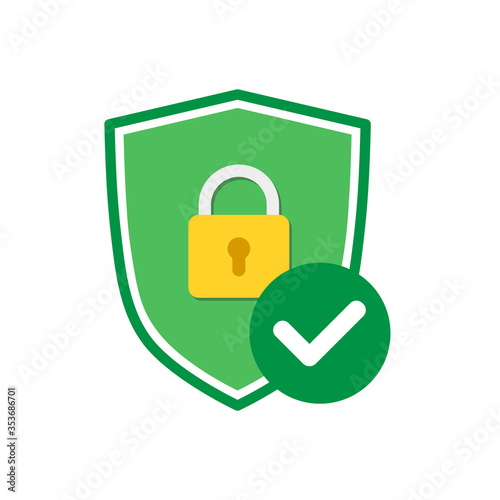 Vector green shield with padlock icon and check mark design isolated on white background. 