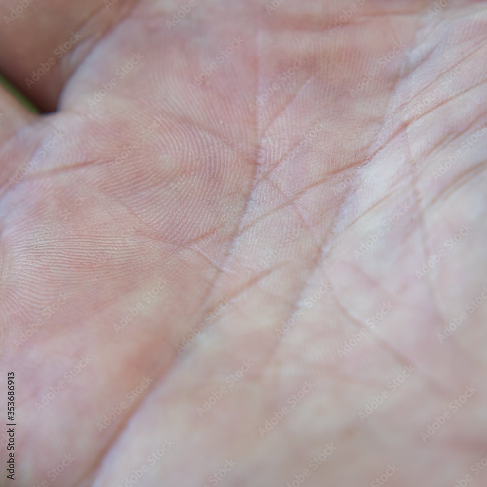 Lines on the open palm of a person. Guessing on the arm. Selective focus