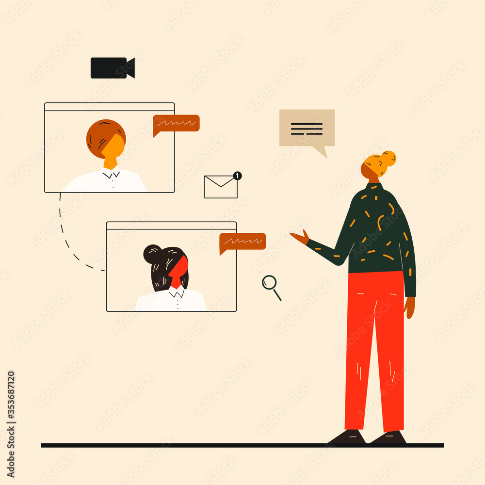 Online conference concept. Business characters talking online. Coworkers working together concept. Video chatting concept. Video conference vector. Flat illustration in modern colorful style. Online conference concept. Business characters talking online. Coworkers working together concept. Video chatting concept. Video conference vector. Flat illustration in modern colorful style.