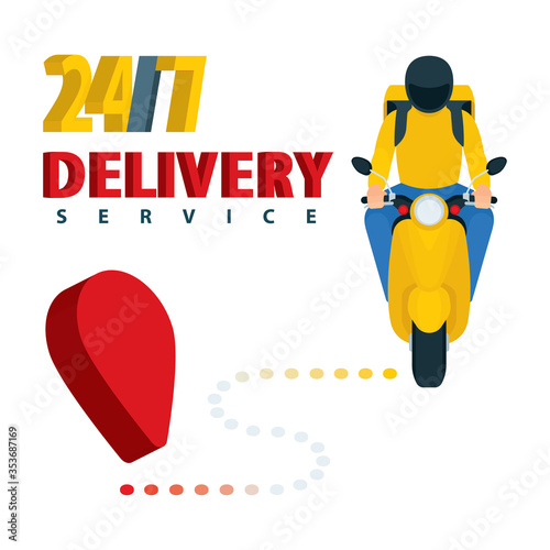 Fast delivery concept isometric vector illustration. Takeaway delivery boy on scooter with thermal food case. Direction arrow, map marker pin and delivery service courier. Part of set.