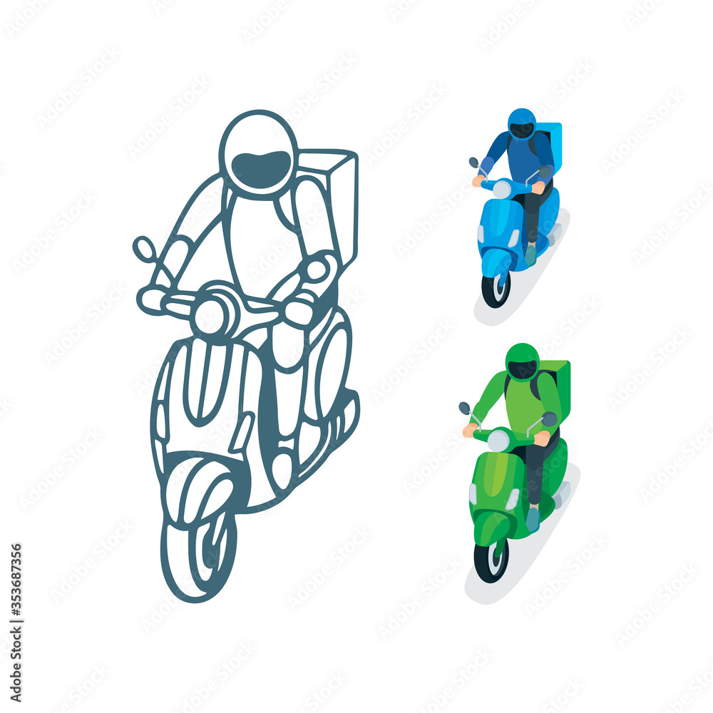 Delivery service courier. Takeaway delivery boy on scooter with thermal food case. Isometric vector illustration. Top and side view. Part of set.