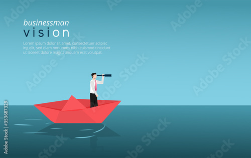 Business vision design concept. Businessman character sailing on paper boat with telescope through ocean. See into the future and goal. Vector template illustration