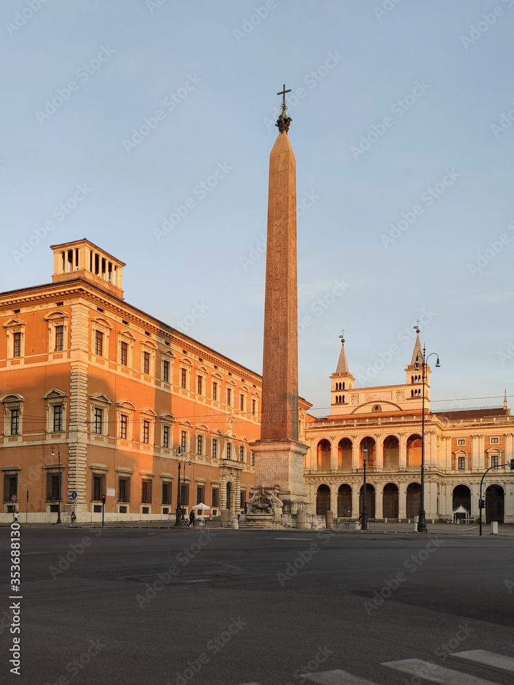 San Giovanni square in Rome without people at the sunset