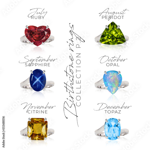 Obraz na płótnie Birthstone rings collection set jewelry gem luxury garnet amethyst aquamarine di