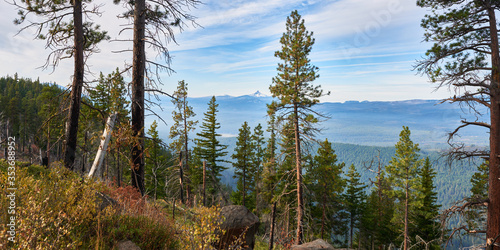 Panoramic mountain view near Green Ridge Lookout in central Oregon in the morning.
