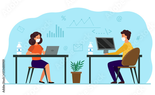 A man and a woman sit opposite each other in the workspace. Employees in medical masks, protection measures in the office from coronavirus. Team communication using social distance. Flat illustration 