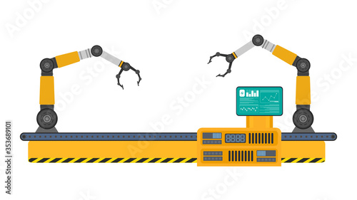 Conveyor automatic production line full with robotic manipulators. Automatic operation. Industrial robot manipulator. Modern industrial technology. Appliances for manufacturing plants. Isolated,vector