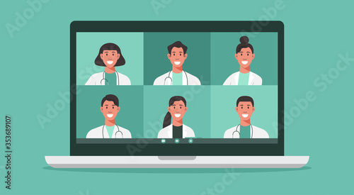 online medical consultation and support concept, healthcare services, group of doctors teleconferencing with stethoscope on laptop screen, conference video call, new normal, vector flat illustration