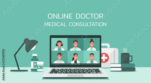 online healthcare and medical consultation services concept, group of doctors teleconferencing with stethoscope on laptop screen, conference video call, new normal, vector flat illustration