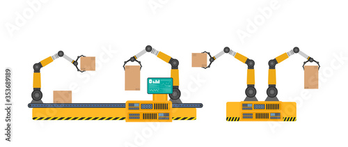 Automatic conveyor line with robotic arms. Automatic operation. Industrial robotic arm with boxes. Modern industrial technology. Appliances for manufacturing enterprises.