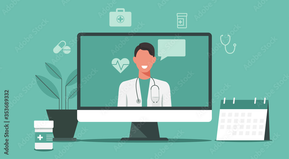 online healthcare and medical consultation services concept, doctor teleconferencing with stethoscope on computer screen, conference video call, new normal, icon vector flat illustration