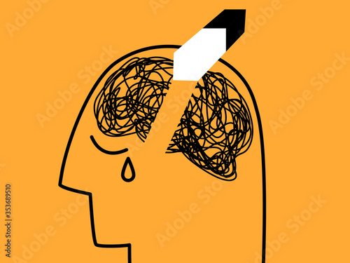 Mental health, illness ,brain development ,medical treatment  concept, messy lines of thinks in human head were removed and  erased by eraser , vector illustration