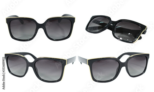 Set modern black sunglasses in round frame isolated on white background. Collection summer glasses with polarization stock photo
