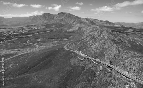 Aerial photo of Sir Lowry's Pass and surrounding mountains photo