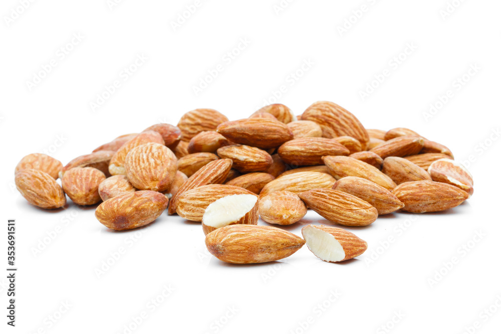 Almonds in a sack of cloth on a white background Almonds in a sack of cloth on a white background