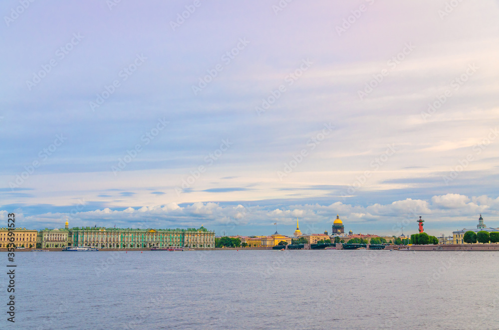 Cityscape of Saint Petersburg Leningrad with Winter Palace, State Hermitage Museum, Palace Bridge bascule across Neva river, Saint Isaac's Cathedral, Strelka Arrow of Vasilyevsky Island, Russia