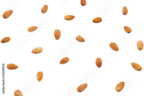 Almonds in a sack of cloth on a white background