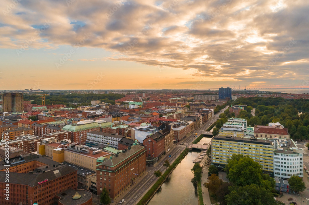 Aerial picture of Malmo with the river running through it.