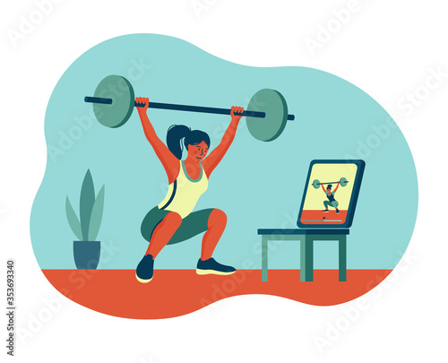 the girl do sport with a trainer through a laptop. Training online from home. concept for remote workout  in quarantine from home. vector trend illustration