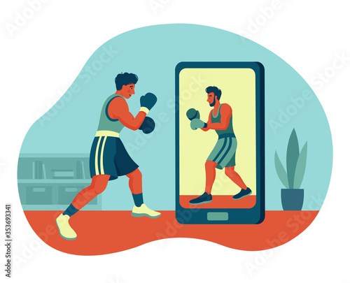 online Boxing training. Two people fight through a smartphone. workout in quarantine at home. vector trend illustration