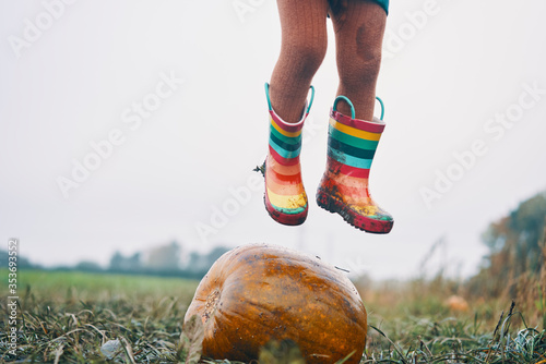 A child's feet in stripey wellies jumping over a pumpkin in a field. photo
