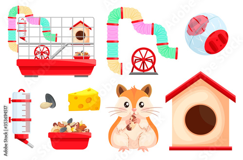 Hamster habitat and accessories. Rodent cage two level with tube, tunnel, exercise wheel.