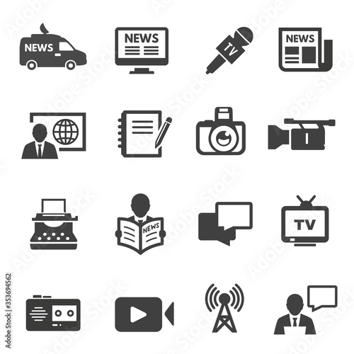 Journalism and broadcasting black icons set isolated on white.