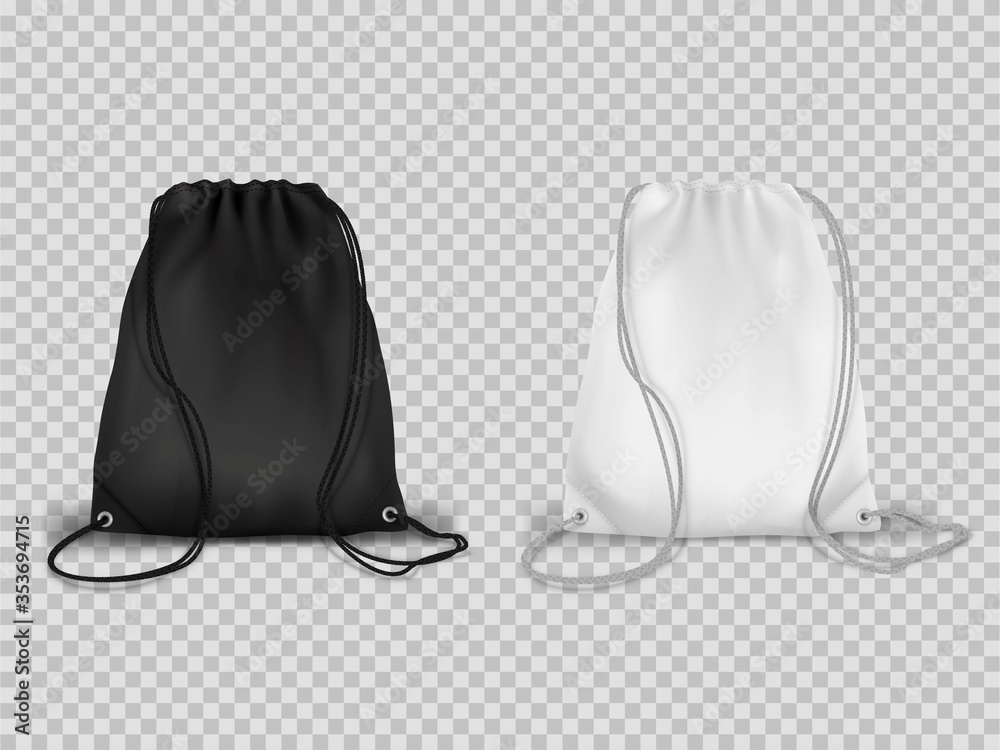 Sport drawstring backpacks realistic set. Cinch tote bags black and