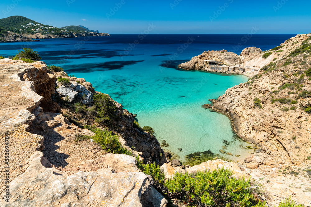 Ibiza island. Small Cala tarida beach, Spain.