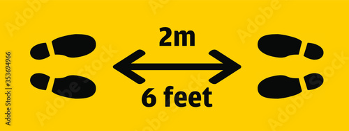 Feet at 2 meters or 6 feet apart isolated on a yellow background. Social Distancing Concept vector illustration.