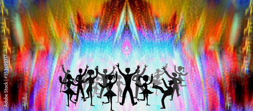 Illustration of multicolored background with an audience in silhouettes