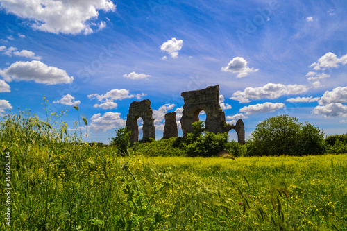 The view on the ancient Rome aqueducts remainings