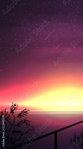 Sunset over the sea horizon. Vector landscape with a beautiful yellow-pink starry sky with meteorites