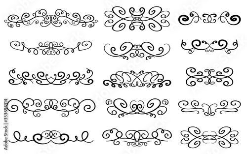Decorative page divider. Isolated. Hand drawn vector icons set on white background. Original scroll elements. Borders. Vector illustration.