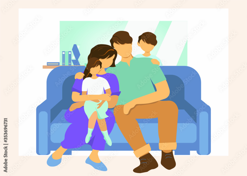 Family at home. Parents with children sitting on sofa   Vector illustration, flat style