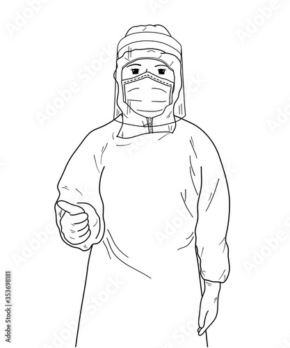 vector line draw doctor wear personal protective equipment, surgical mask, face shield,gloves, coverall cloths and waterproof surgical gown for infectious disease outbreaks protection during surgery