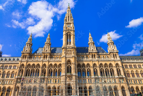 Vienna capital, impressive gothic architecture of City hall. Symbol of Vienna. Travel and landmarks of Austria